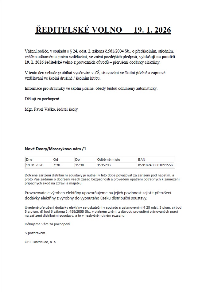 Ředitelské volno 19.&nbsp;1. 2026